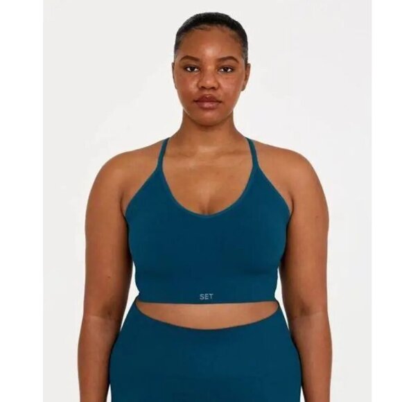 SET ACTIVE Scupltflex V Neck T Strap Ribbed Bra in Cove Blue Size XS / S - Picture 1 of 5